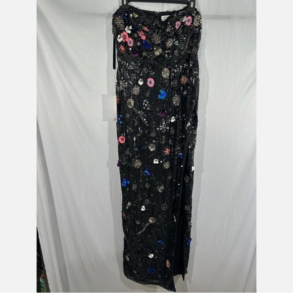 NWT $798 Mac‎ Duggal [ 14 ] Floral Sequined Strapless Slit Column Gown Black - Picture 9 of 16